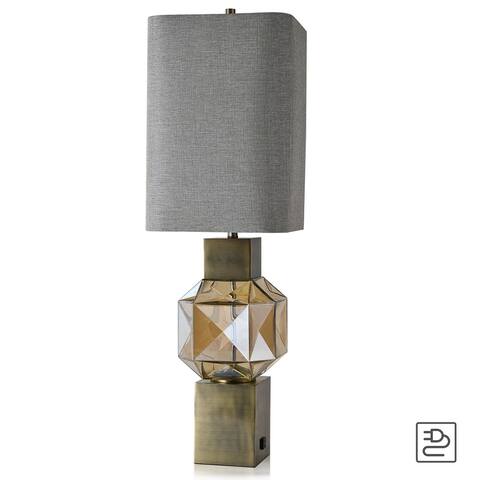 Harp & Finial Beverly Brass and Amber Table Lamp with Heathered Gray Shade