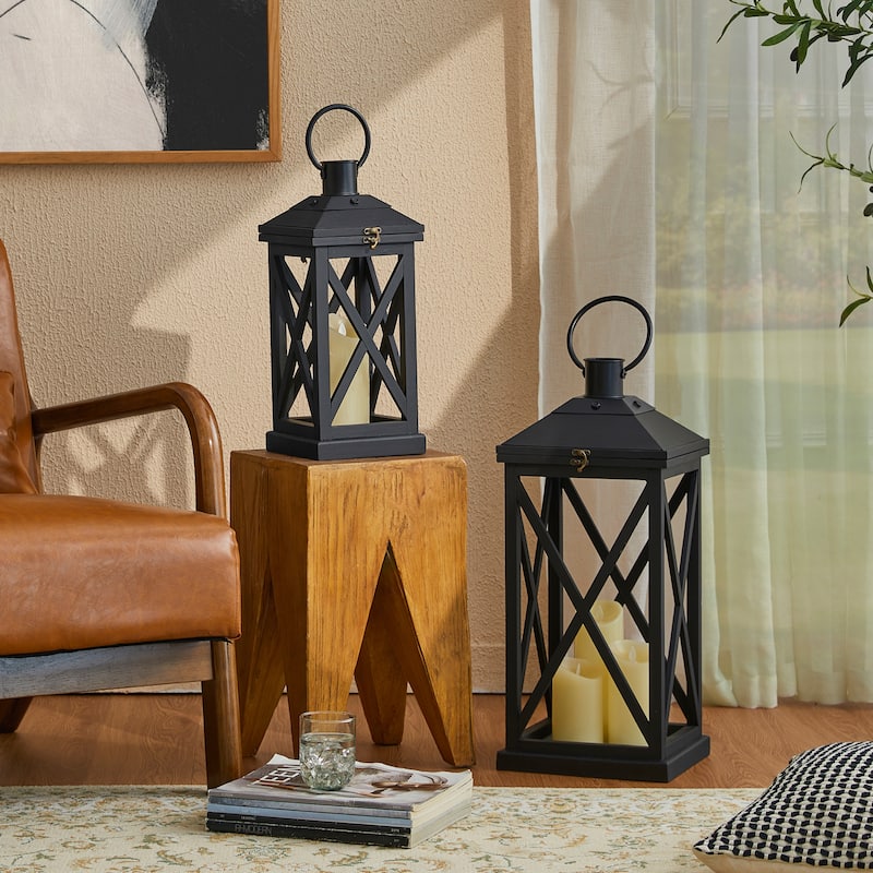 Glitzhome Set of 2 Farmhouse Wooden Lantern Hanging Candle Holders Fall Wedding Decor - 24"+17"