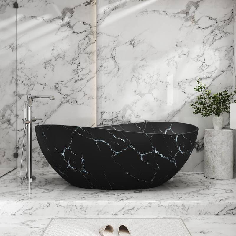 63 in. x 37 in. Solid Surface Freestanding Soaking Bathtub in Matte Black with Royal Misty Marble Pattern, Center Drain