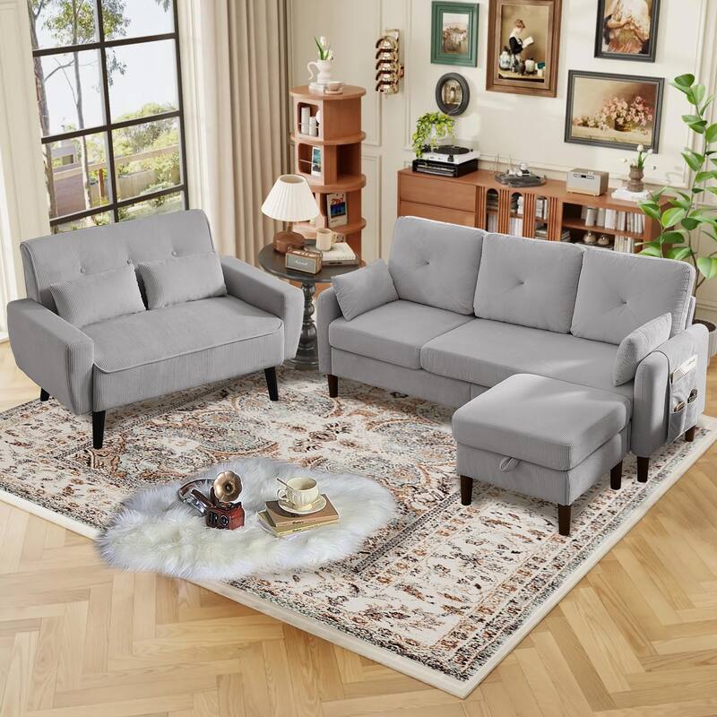 77.17" Corduroy 3 Pieces Living Room Sets with Sofa, Ottoman and Loveseat