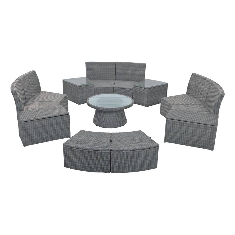 Roomfitters 10-Piece Outdoor Half Round Patio Rattan Sofa Set, PE Wicker Furniture Set for Free Combination