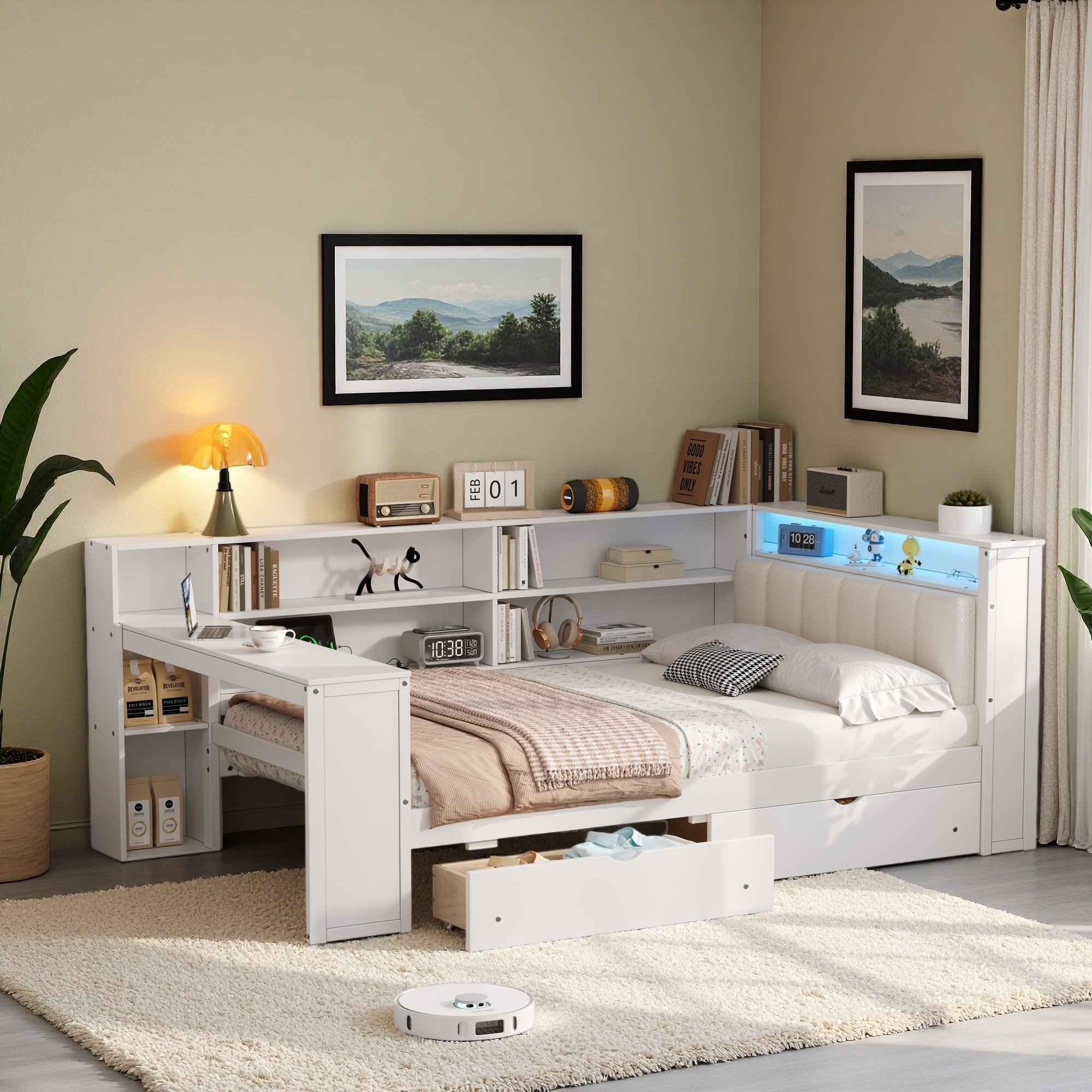 Wood Platform Bed with Storage, Desk, and LED Lighting