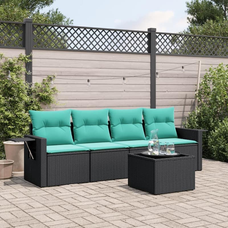 vidaXL Patio Sofa Set with Cushions Outdoor Furniture 5 Piece Poly Rattan - 21.7 x 24.4 x 27.2 - Black and Blue-With table