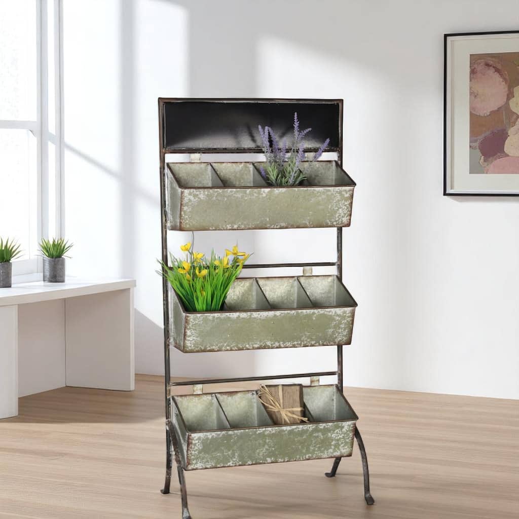 Gray Galvanized Metal 12 Slot Planter Stand with Chalk Headboard