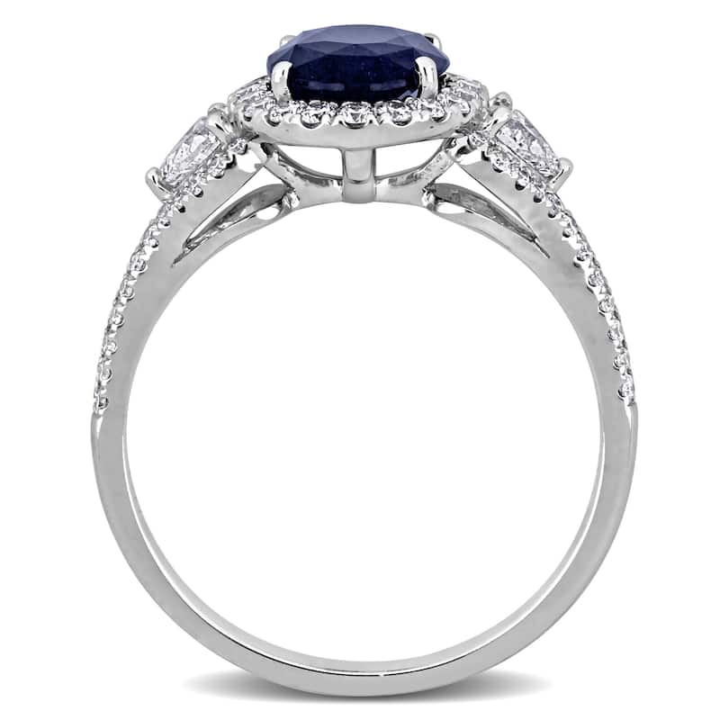 Miadora 2 1/5ct TGW Oval-Cut Blue Sapphire 7/8ct TDW Heart-Cut Diamonds Halo Ring in 14k White Gold