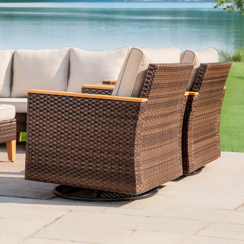 10 Piece Patio Wicker Rattan Furniture Set, Half-Moon Rattan Conversation sets with 2 X Swivel Chair Sofa and Firepit Table