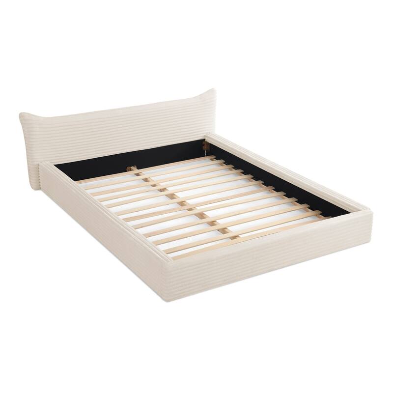 Queen Size Upholstered Bed Frame Velvet Fabric Grounded Platform with Curved Headboard Solid Wood No Box Spring