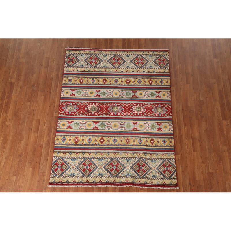 Striped Geometric Kazak Area Rug Hand-Knotted Wool Carpet - 4'11" x 6'7"