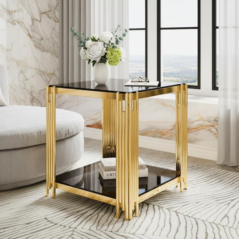 Square Gold & Glass End Table with 2-Tier Shelf and Sculptural Metal Frame by Harper&Bright Designs - Black