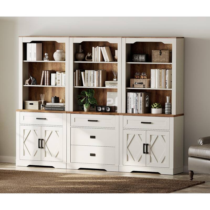 3-Column 73.3" Tall Bookshelf Set with Open Storage and Glass Doors