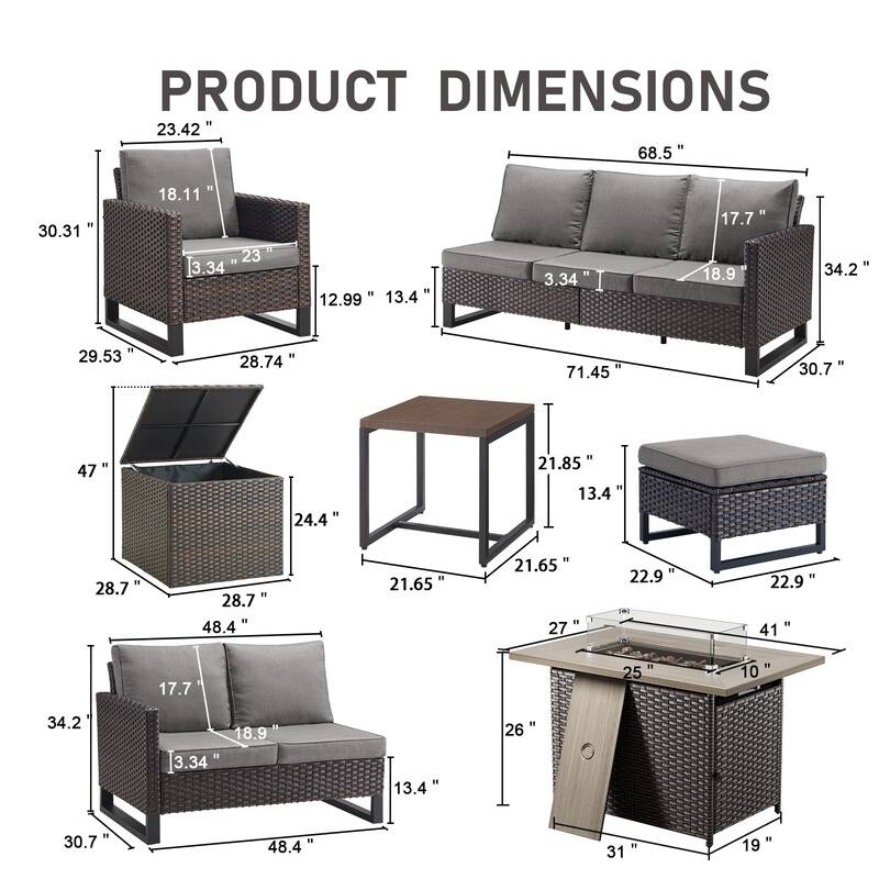 Gymojoy 7-9 Person All-Weather Wicker Outdoor Conversation Set Seating Group With Fire Pit Table