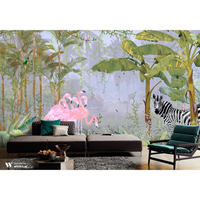 Exotic Tropical Jungle Wallpaper Mural Flamingos and Zebra