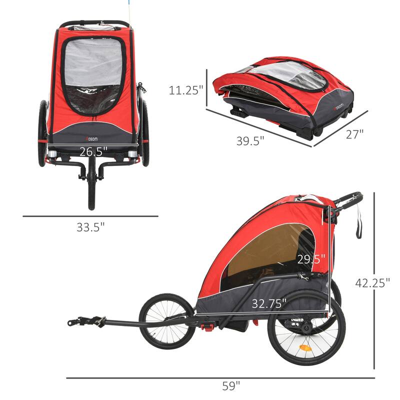 Aosom 3-in-1 Folding Child Bike Trailer Jogging & Baby Stroller with Shock Absorbing Frame & Adjustable Handlebar