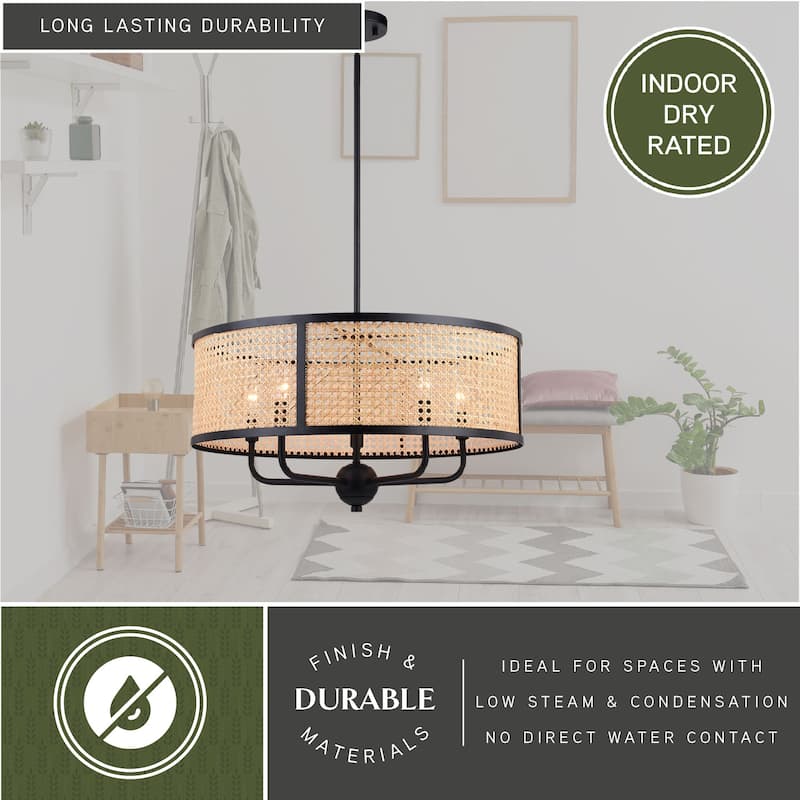 Berens 5 Light Matte Black Modern Farmhouse Drum Pendant Fixture with Rattan Cane Shade - 24-in W x 13.5-in H x 24-in D
