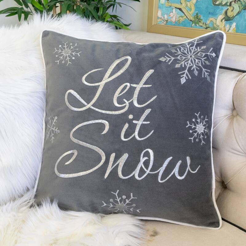 Let It Snow Embroidered Cotton Throw Pillow - 20x20" Gray Winter Accent Cushion with Insert