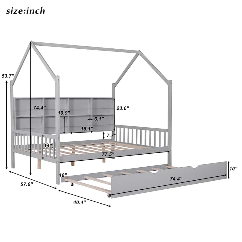Full Pine Kids House Platform Bed with Trundle, Shelf, and Roof
