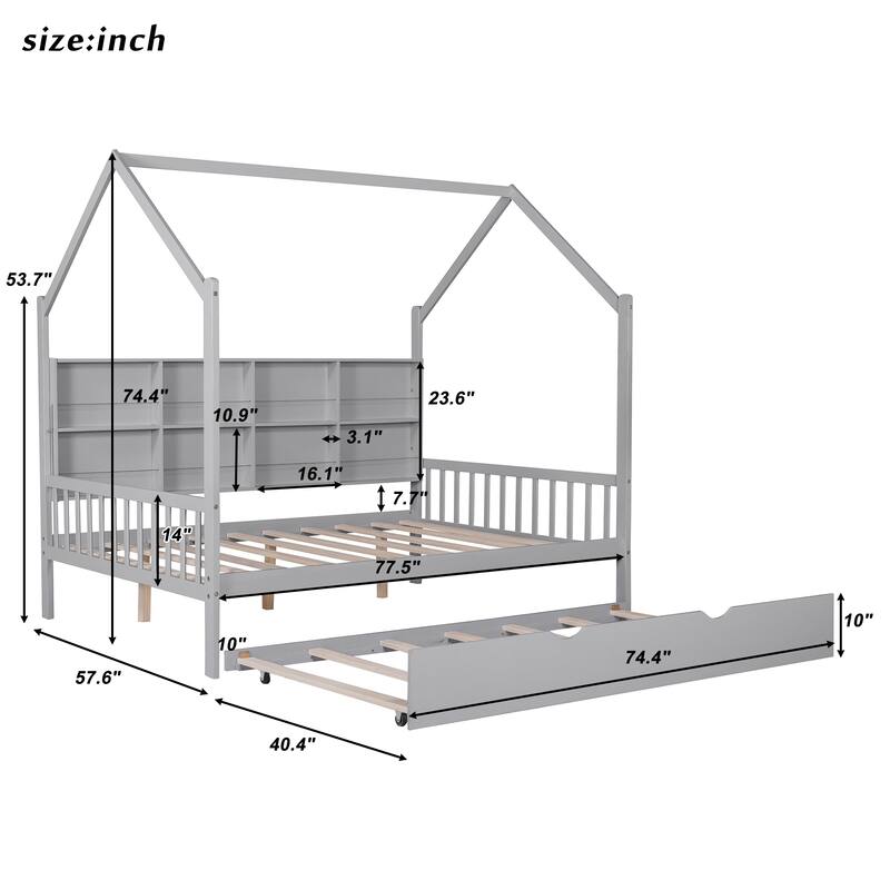 Pine Kids House Platform Bed with Trundle, Shelf, and Roof