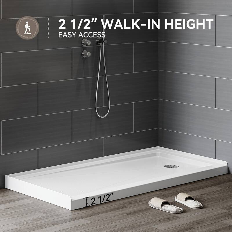 HOROW 60 x 30 Inch Alcove Shower Pan Base in High Gloss White with Wide Threshold Design - Right Drain Location