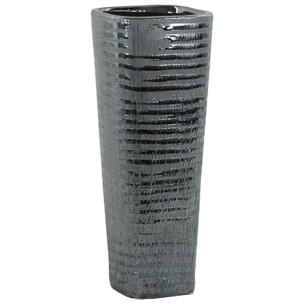 Ceramic Tall Tapered Bottom Ribbed Design Vase, Distressed Silver Finish
