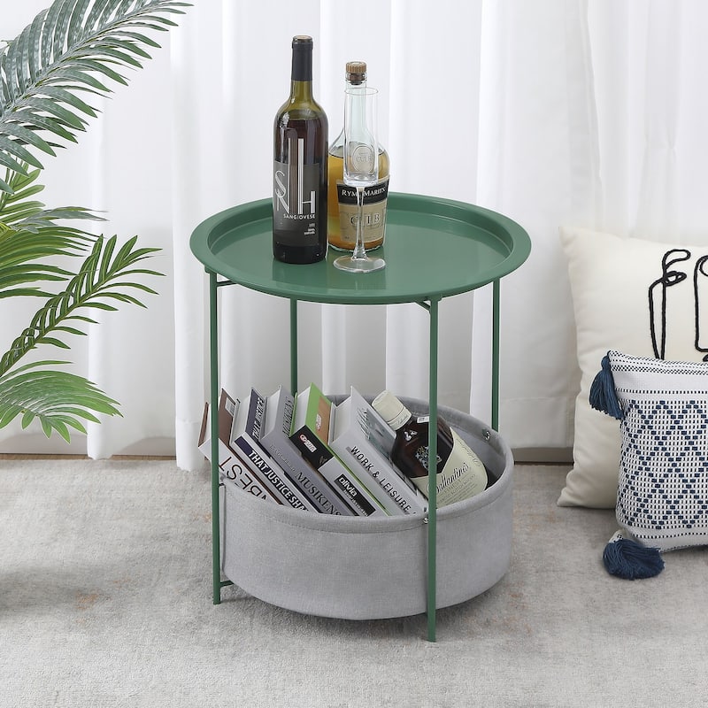 VECELO Small Round Side Table with Removable Tray & Fabric Storage Bin Easy 5-Min Assembly for Living Room Bedroom - Green