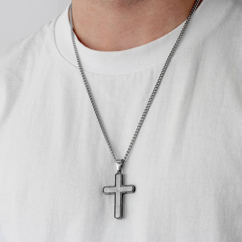 Steel Nation Stainless Steel Black Brushed Finish Diamond 3pc Set 0.02ctw (Dog Tag, Cross, and Bracelet)