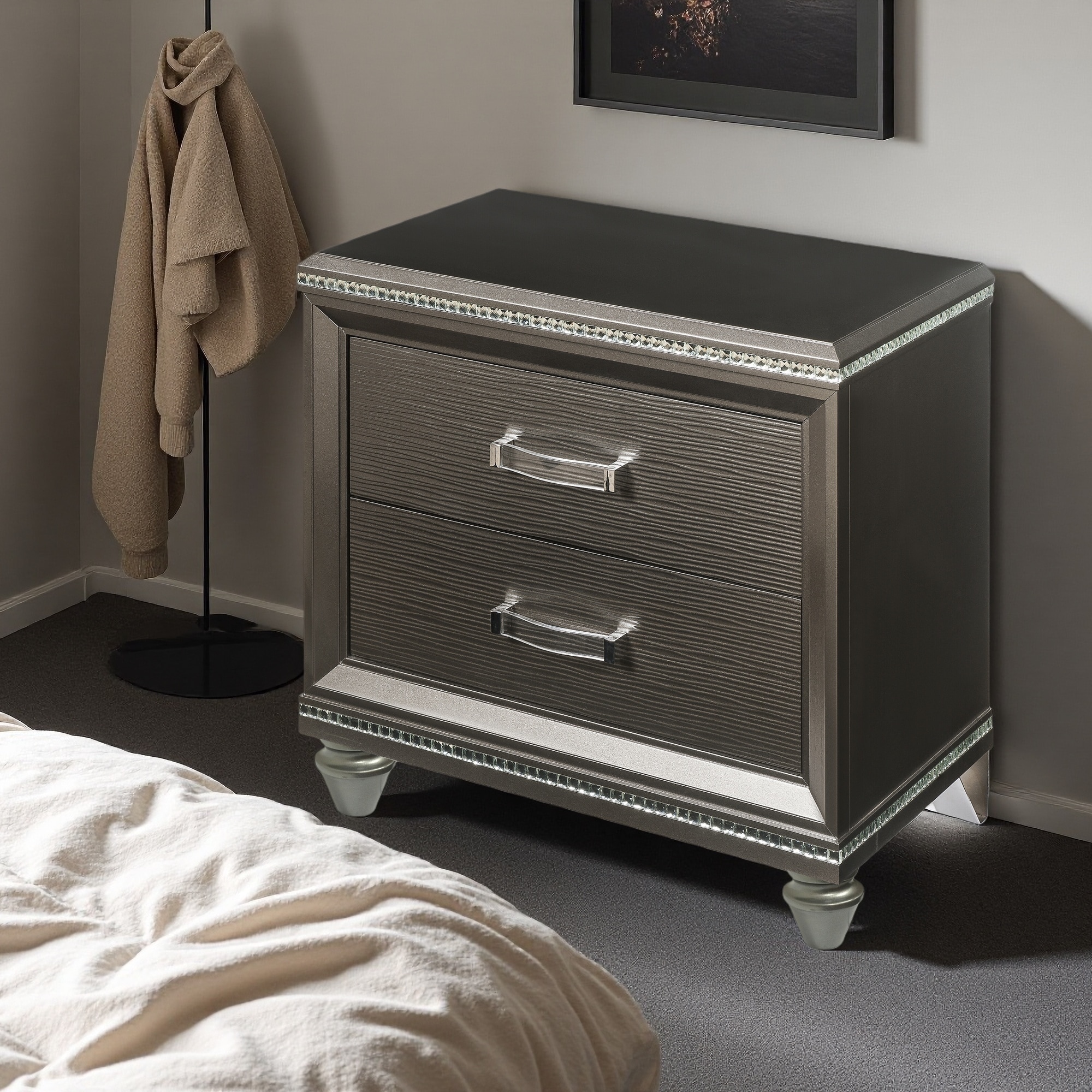 30"L Solid Rubberwood Nightstand with Two Drawers, Sparkling Trim & Embossed Fronts, Felt-Lined Top Drawer, Smooth Metal Glide