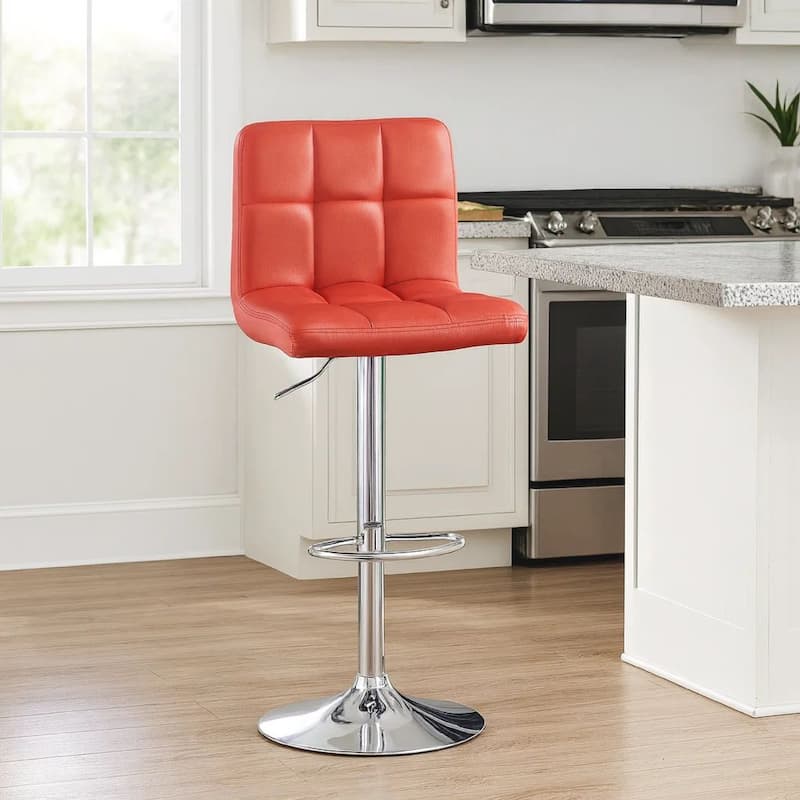 25-29 Inch Swivel Barstool, Set of 2, Cushioned Seat, Red Faux Leather