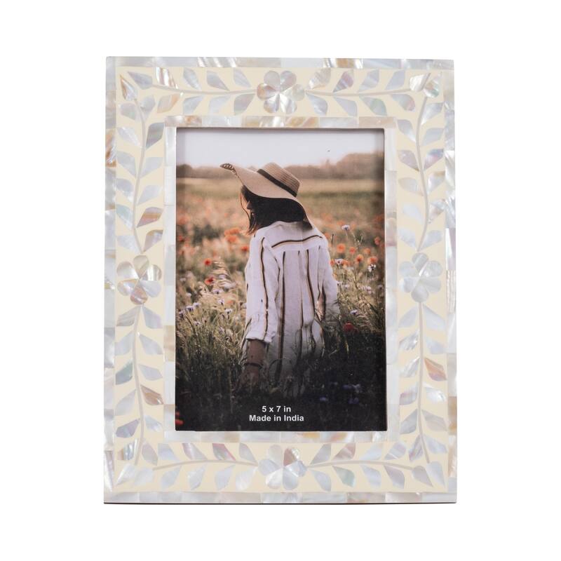 Wood Mother Of Pearl Inlay Vine Photo Frame - Ivory