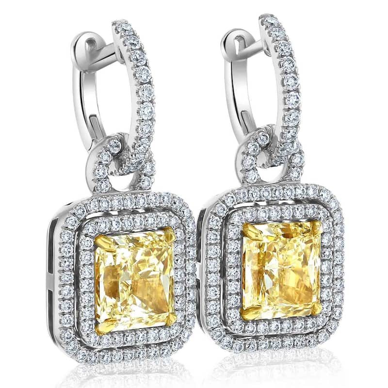 Kobelli 8.27 Carat Yellow Diamond 18k Solid White Gold Square Double Halo Meira Dangle Earrings