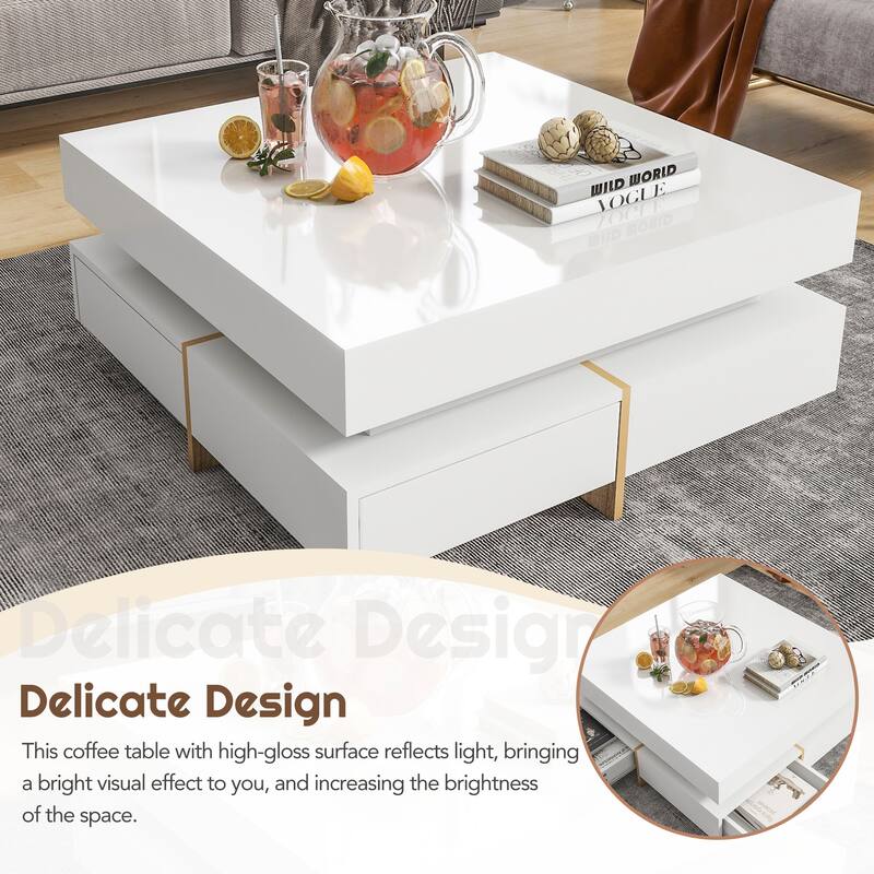 High Gloss Coffee Table with 4 Drawers, Multi-Storage Square Cocktail Tea Table with Wood Grain Legs - White
