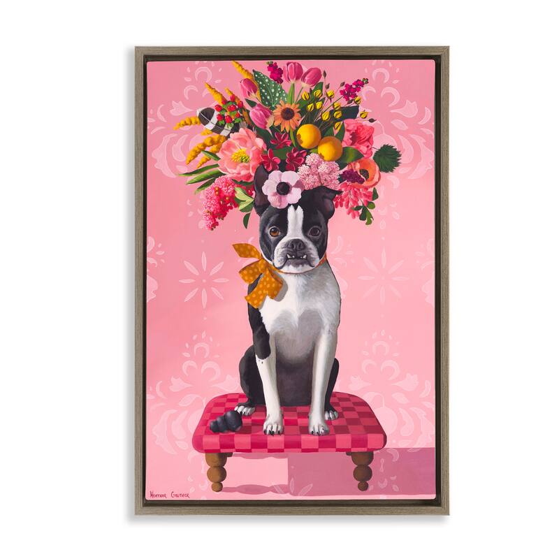 Stupell Bulldog & Pink Bouquet Framed Floater Canvas Wall Art Design By Heather Gauthier - 21 x 31 - Brown