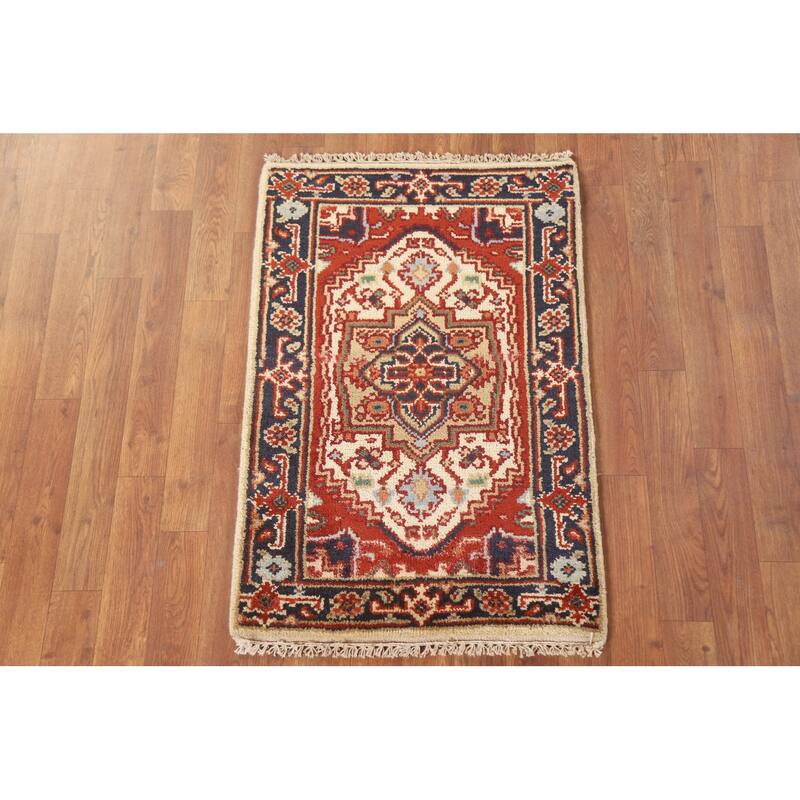 Hand Knotted Oriental 100% Wool Carpet Traditional Medallion Beige & Ivories Heriz (serapi) Area Rug - 3' 0'' X 2' 0''