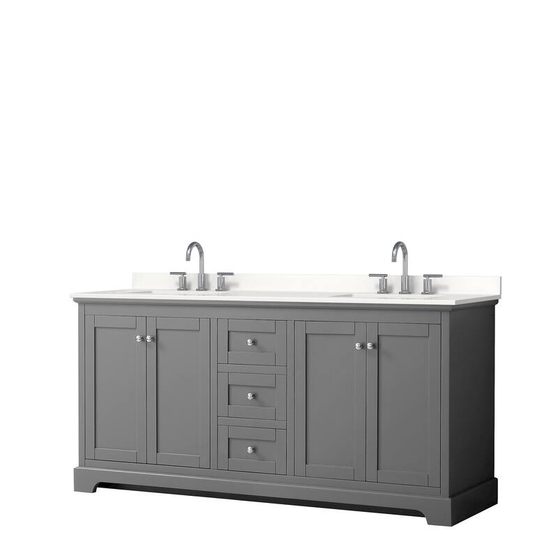 Avery 72-inch Double Vanity, Quartz Top - Dark Gray, Chrome Trim, White Quartz Top