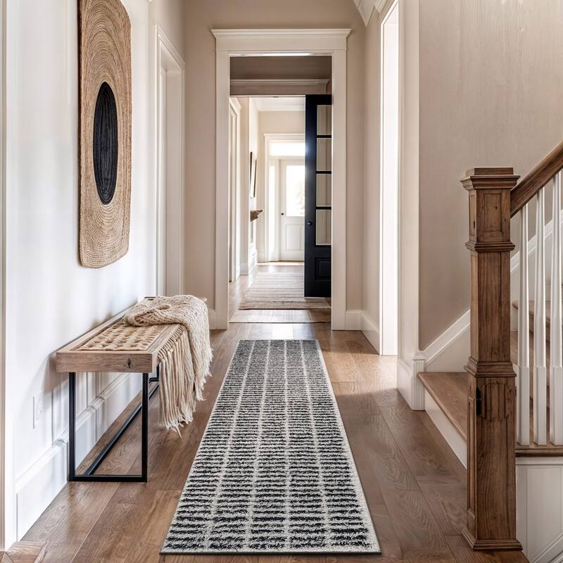Bohemian Stripe Lines Shag Rug - Textured Surface - Anthracite Dark Gray - Easy to Clean - White - 2' 3" x 8'