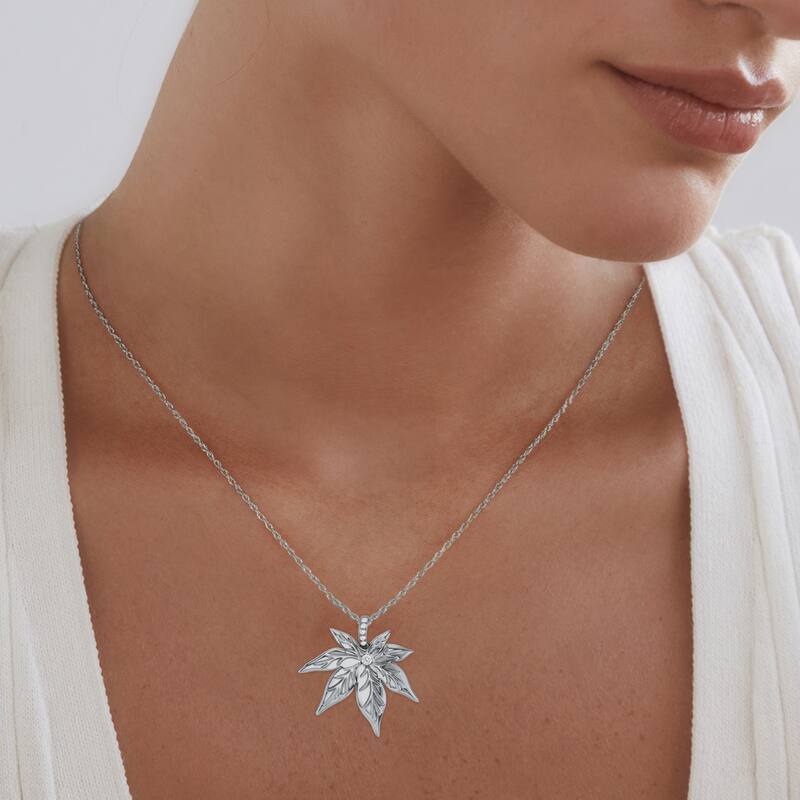1/20ct TDW Diamond Maple Leaf Pendant Necklace in Silver for Women - White