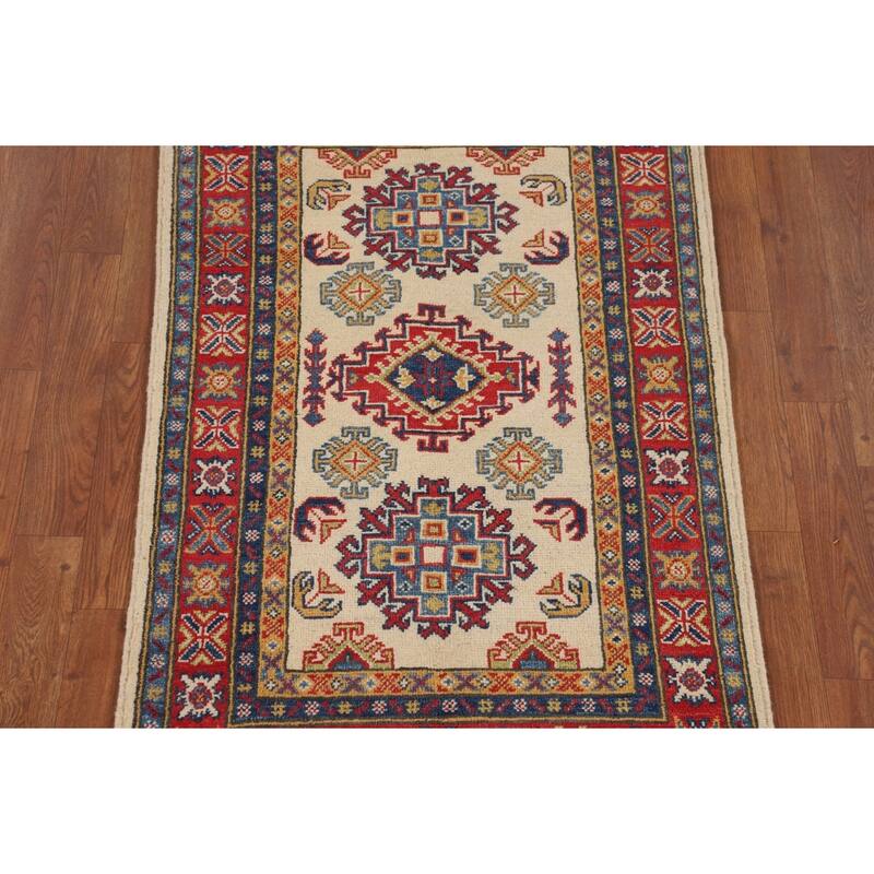 Geometric Beige Kazak Accent Rug Handmade Wool Carpet - 2'7" x 3'11"
