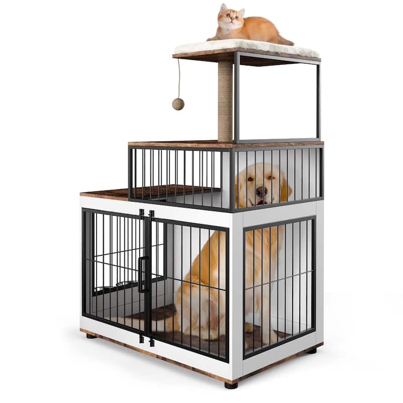 Multifunctional Dog Crate with Cat Perch, Bowls, Storage Shelves - White