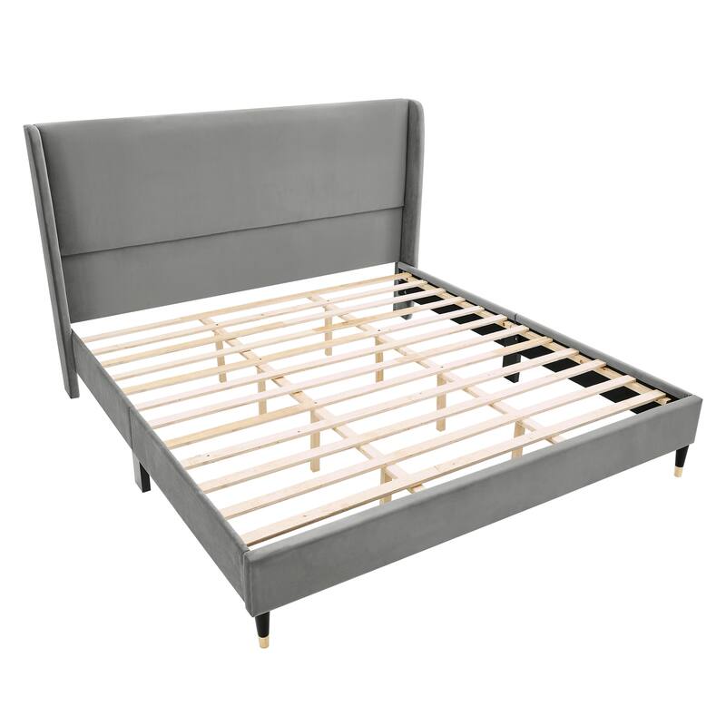 Luxury Gray Velvet Wingback Platform Bed with Cone Legs, King Size