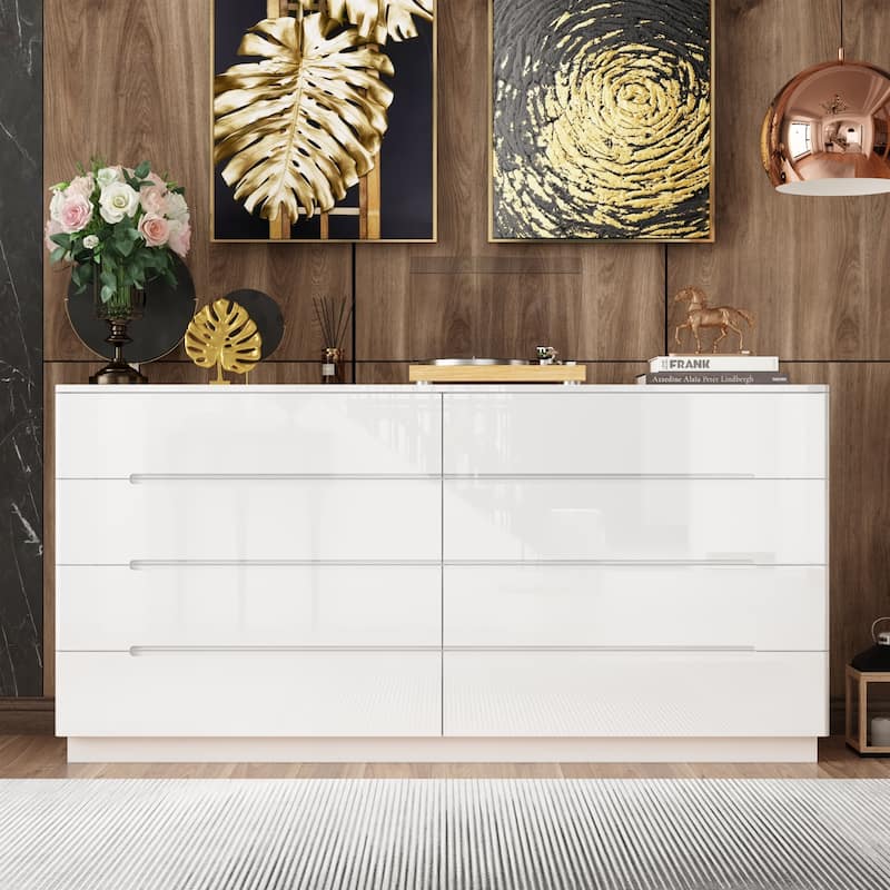 Wood 8 Drawer Double Bedroom Dresser in White High Gloss With Light