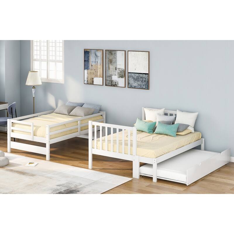 Convertible Twin Over Full Bunk Bed with Trundle and Stair Storage, Durable Wood Frame