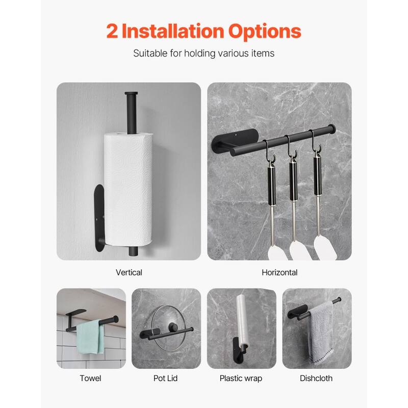 Black Stainless Steel Wall Mounted Paper Towel Holder Under Cabinet and Self-Adhesive or Drilling Installation