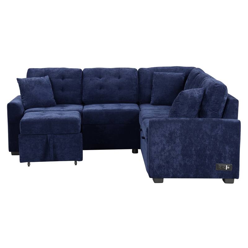 L-Shape Sofa Bed with Pull-Out Sleeper, USB Ports