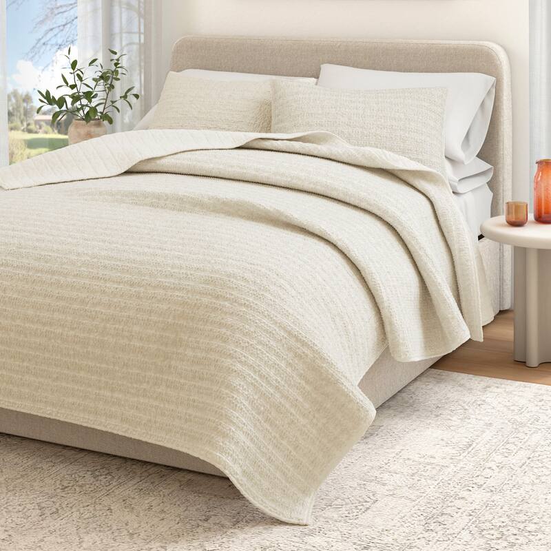 Linery & Co. 100% Cotton Honeycomb Waffle Garment Washed Quilt Set. - Natural - King