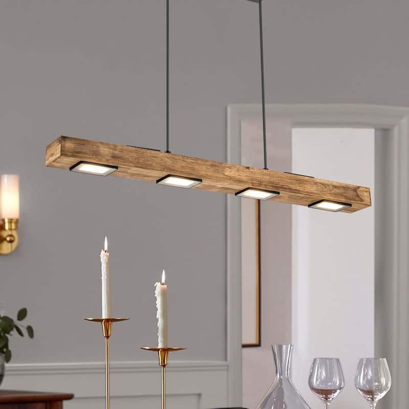 6-Light Modern Farmhouse Brown Wood Linear Integrated LED Island Pendant for Kitchen Dining Room - 31.4 in. L