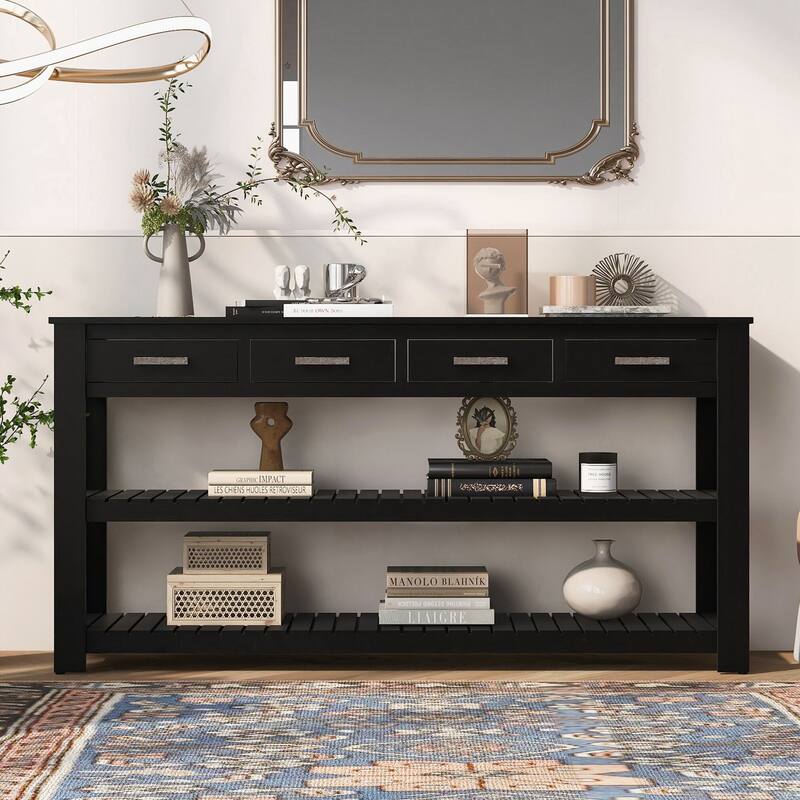 Entryway Console Table with 4 Drawers and 2 Shelves, Suitable for Entryways, Living Rooms - Black