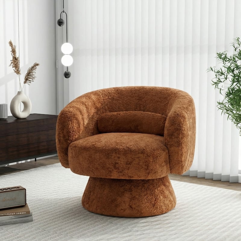 360° Swivel Accent Chair, Round Barrel Upholstered Armchair with Lumbar Cushion