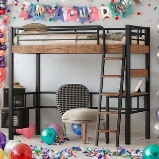 Modern Twin Size Metal Loft Bed With Built-in Desk,Storage Shelf And Ladder for Bedroom