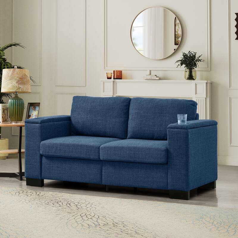 67.7" Modern Style Loveseat Fabric Couch,Square Arm Sofa With Cup Holder,Storage Sofa,Upholstered Polyester - Blue