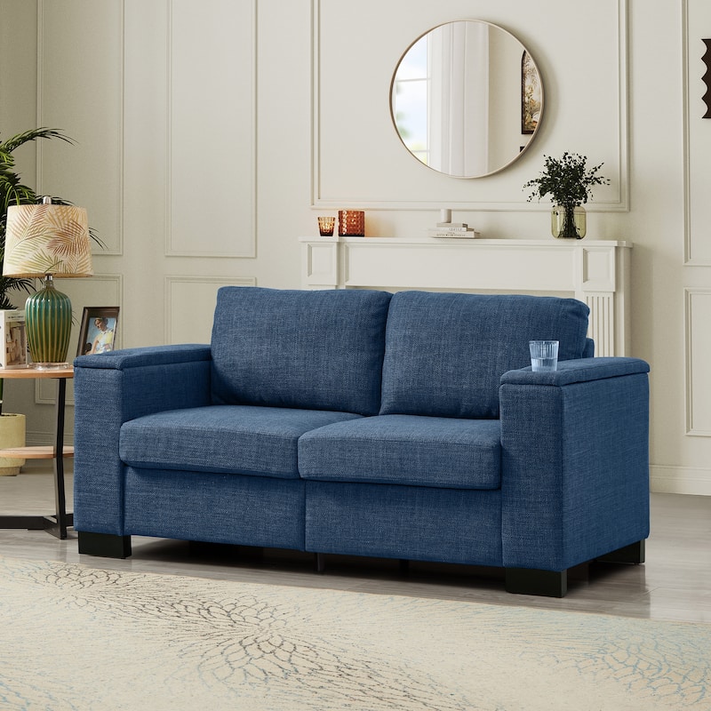 Roomfitters 67.7" Modern Loveseat with Square Armrests, Upholstered Fabric Couch with Cup Holder and Storage for Living Room - Blue