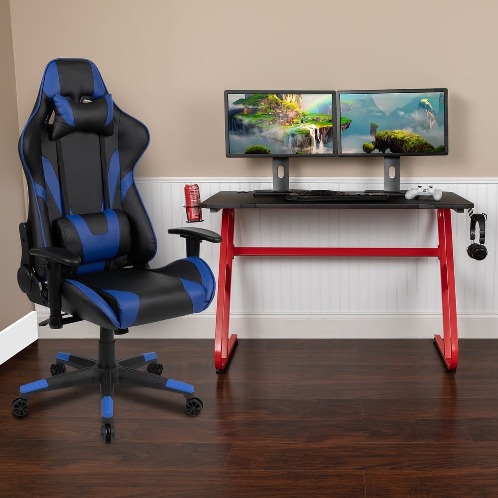 Desk Bundle - Gaming Desk, Cup Holder, Headphone Hook and Reclining Chair